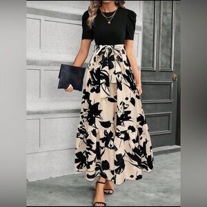 Elegant Black and Cream Floral Women's Dress